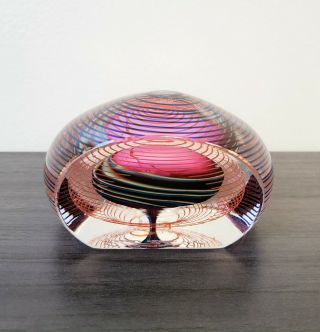 Hal David Berger Signed Studio Art Glass Paperweight - Controlled Rainbow Swirl