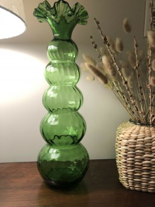 Vintage Empoli Glass 5 Gourd Vase Italian Fluted Green Italy Mcm 17 1/2 "