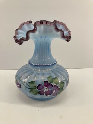 Fenton Rib Optic Hand Painted Signed Vase - Purple Crest 6 " Tall
