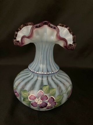 Fenton Rib Optic Hand Painted Signed Vase - Purple Crest 6 