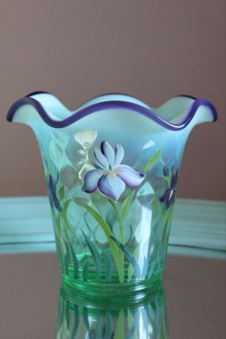 Fenton Signed Bill Fenton Hand Painted Willow Green Glass Iris 6 1/2 " H Vase