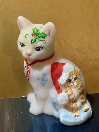Fenton Glass.  4” White Satin.  Cat Winter Christmas Kitty Design Ooak Rachelle