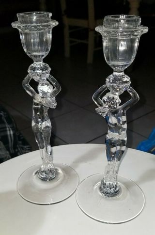 Cambridge Clear Glass Crown Tuscan Nude Naked Candlestick Holder Pair Art Deco