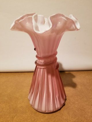 Fenton Glass Wheat Vase Dusty Rose Pink Overlay Ruffled Crimped