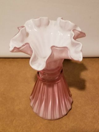 Fenton Glass Wheat Vase Dusty Rose Pink Overlay Ruffled Crimped 2