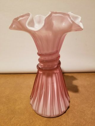 Fenton Glass Wheat Vase Dusty Rose Pink Overlay Ruffled Crimped 3