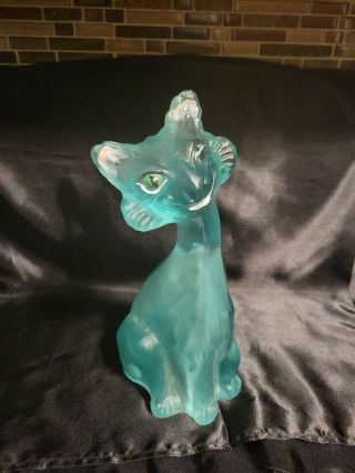Fenton 11 " Winking Alley Cat Aqua Or Teal Glass Figure Hand Painted Signed 95th