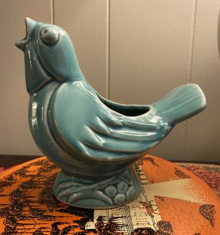 Vintage 1940’s Mccoy Pottery Turquoise Singing Robin Bird Planter Usa Blue 6.  75”
