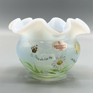 Fenton Art Glass Opalescent Vase Signed Hand Painted Daisies Bumble Bee Sunshine
