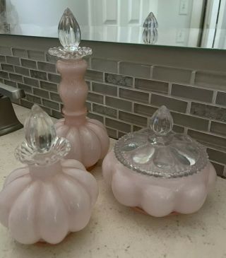 Vintage Fenton Art Glass Pink Overlay Perfume Bottles Powder Box Vanity Set Nwot