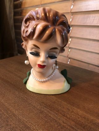 Vintage Lady Head Vase - Enesco Japan W/ Pearl Jewelry 4in X 6in