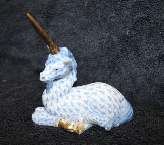 Herend Porcelain Unicorn Lying Down Blue Fishnet 24k Gold Trim Flawless