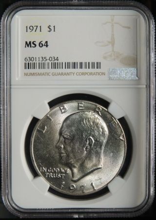 1971 - P $1 Ike Eisenhower Dollar (clad) Ngc Ms64 6301135 - 034