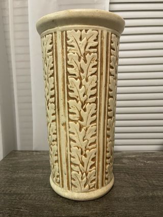 Antique 10” Weller Art Pottery Clinton Ivory Oak Leaf Cylinder Vase