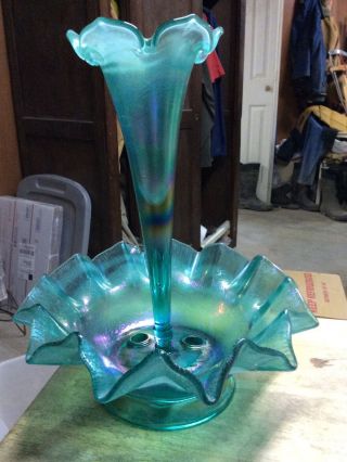 Fenton Iridescent Green Stretch Glass 12&1/2” Horn Epergne Vase Bowl