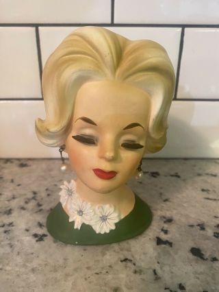 Vintage Napco Lady Head Vase Green Flowers Pearl Earrings 1960s
