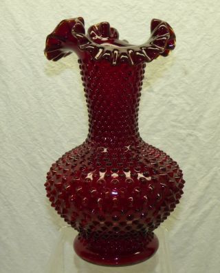 Vintage Fenton Glass Ruby Red Hobnail 11 " Tall Vase Ruffled Crimped Top W/ Label