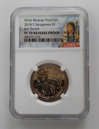 2018 - S Pf70 Reverse Proof Jim Thorpe Sacagawea $1 Dollar Coin
