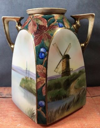 Antique Nippon Morimura Double Handle Vase Hp Windmill Boat Scene Flat Sided 10w
