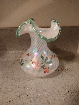 Fenton Carnival Glass Opalescent Hand Painted Spiral Optic Vase Sea Mist Crest