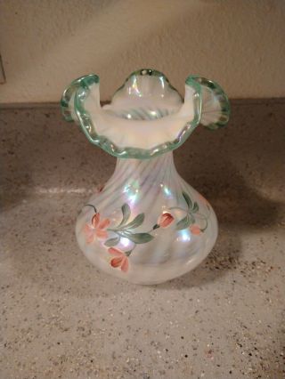 Fenton carnival glass opalescent hand painted spiral optic vase sea mist crest 3
