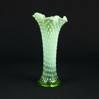 Northwood Green Opalescent Diamond Point Swung Vase,  Antique Eapg Signed 10 "