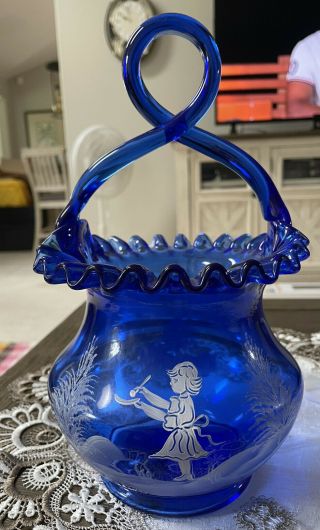 Fenton Cobalt Blue Mary Gregory Hand Painted Basket Girl With Trees Twisted Hdl
