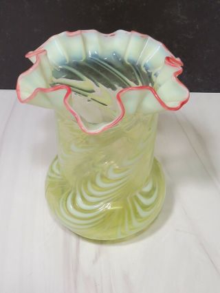 Northwood Blown Twist Glass Celery Vase Cranberry Frit Crimp Canary Opalescent 3