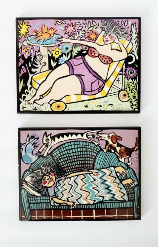 2 Pat Custer Denison Ceramic Art Tile Hand Painted Signed 6 " X 8 " Wall Hanging