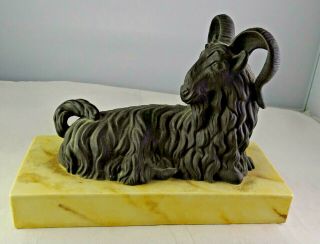 Mottahedeh Black Bisque Basalt Horned Ram Goat Figurine On Faux Marble Pedestal