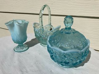 3 Pc Fenton Blue Opalescent Lily Of The Valley Candy Box 8“ Basket - 5.  5” Vase