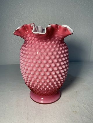 Vintage Fenton Pink Rose Hobnail Ruffled 8 " Vase
