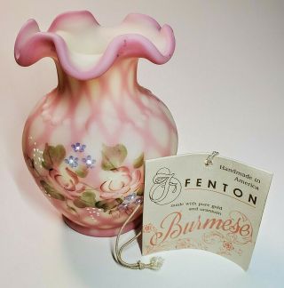 Vintage Fenton Burmese Diamond Optic Pinch Vase Hand Painted Small