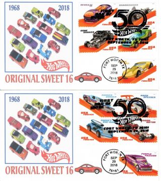 Hot Wheels 50th Anniversary Afdcs Cachet Set Of 2 10 - Stamp Fdc R/c