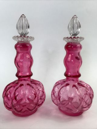Set Of 2 Fenton Cranberry Ribbed Optic Melon Perfume Cologne Bottles W/ Stoppers