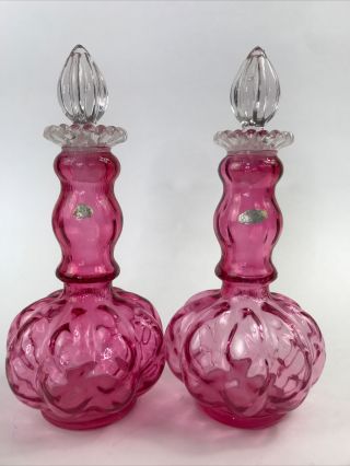 Set Of 2 Fenton Cranberry Ribbed Optic Melon Perfume Cologne Bottles W/ Stoppers 2