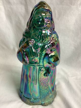 Fenton Iridescent Green Carnival Glass Santa Claus With Christmas List & Toy Bag