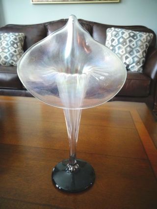 Vintage Signed Rick Strini Studio Art Glass Stretch Iridescent Jip Vase 10.  35 "