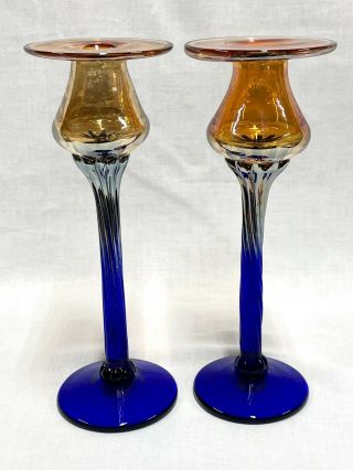 Rick Strini Signed Glass Candlestick Set Iridescent Orange Cobalt Blue 8.  5”