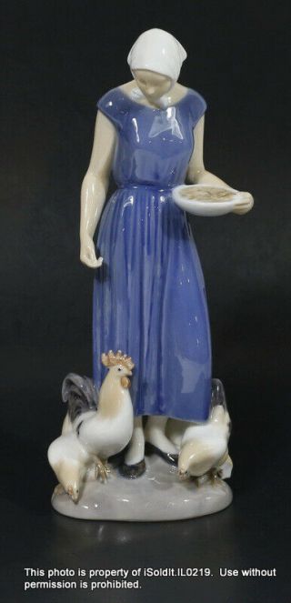 Vintage Bing & Grondahl B&g Porcelain Figurine 2220 Farm Girl Feeding Chickens