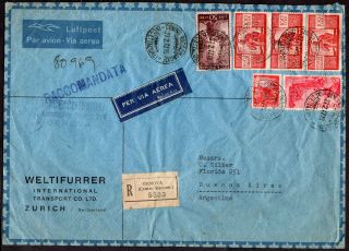 Italy To Argentina Registered Air Mail Cover 1947 100 L Democcratica Strip Three
