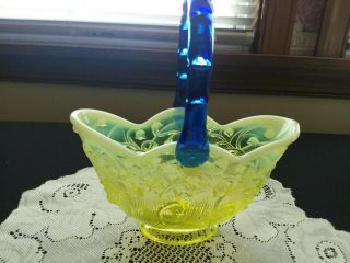 Fenton Topaz Opalescent Vaseline Glass Lily Of The Valley Basket Cobalt Handle
