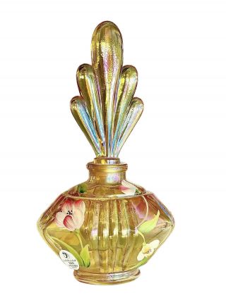 Fenton Yellow Amber Opalescent Hand Painted & Signed Perfume Bottle W/ Stopper