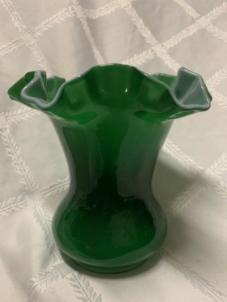 Vintage Fenton Glass Green Ivy Overlay Vase 6”