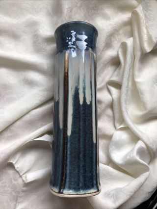Bill Campbell Studio Art Pottery Vase 10 " Tall Blue Brown Drip Glaze Lovely