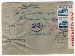 Poland 1945 Registered / Censor Wwii Cover To Red Cross Pow Agency Switzerland