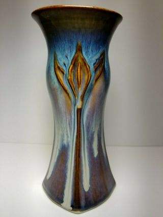 Bill Campbell Studio Art Pottery Carved Lotus Flower Drip Glaze 8 3/4 " Vase Sgnd
