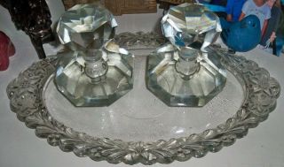 Art Deco Pair Large Czech Cut Glass Scent/perfume Bottles On Tray