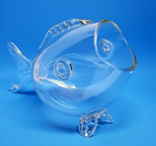 Vintage Mid - Century Clear Glass Open - Mouth Fish Large Decorative Bowl