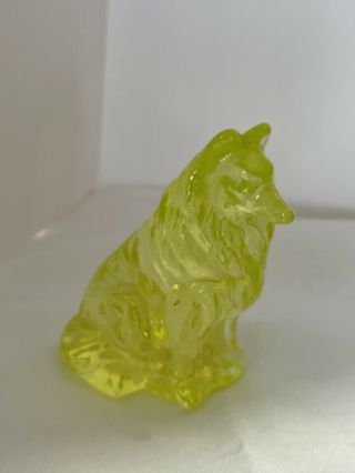 Mosser Glass Yellow Vaseline Collie Dog Uranium Collectible 3”